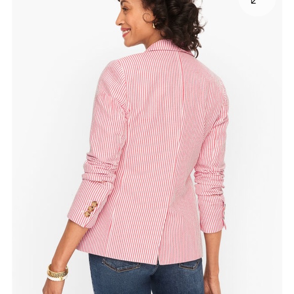 🥑 Talbots Sunshine Seersucker Blazer Orange White | 14 Petite | 100% Cotton - Picture 12 of 12